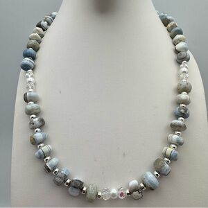 New Blue Opal Beaded Necklace Silver Plated Crystal Accent Artisan Jewelry